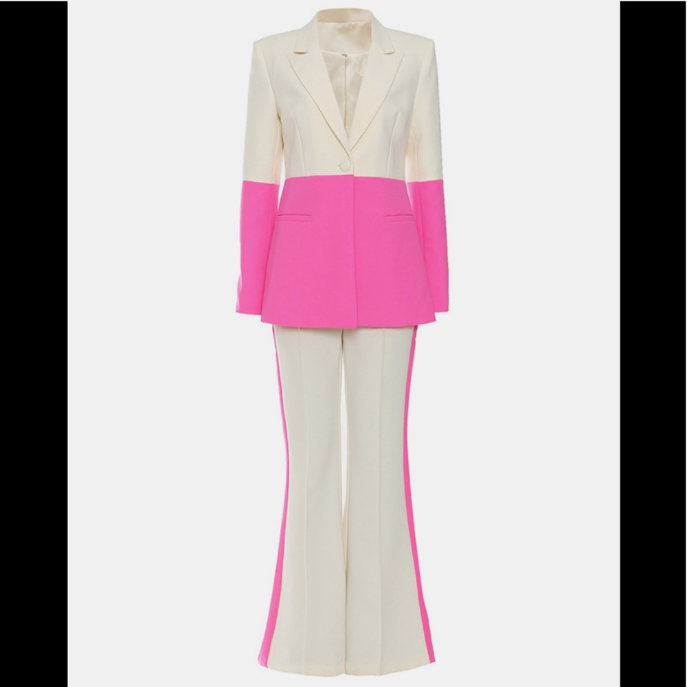 GAWQO ONE-BUTTON CONTRAST BLAZER AND FLARE PANT SET - Picture 2 of 9